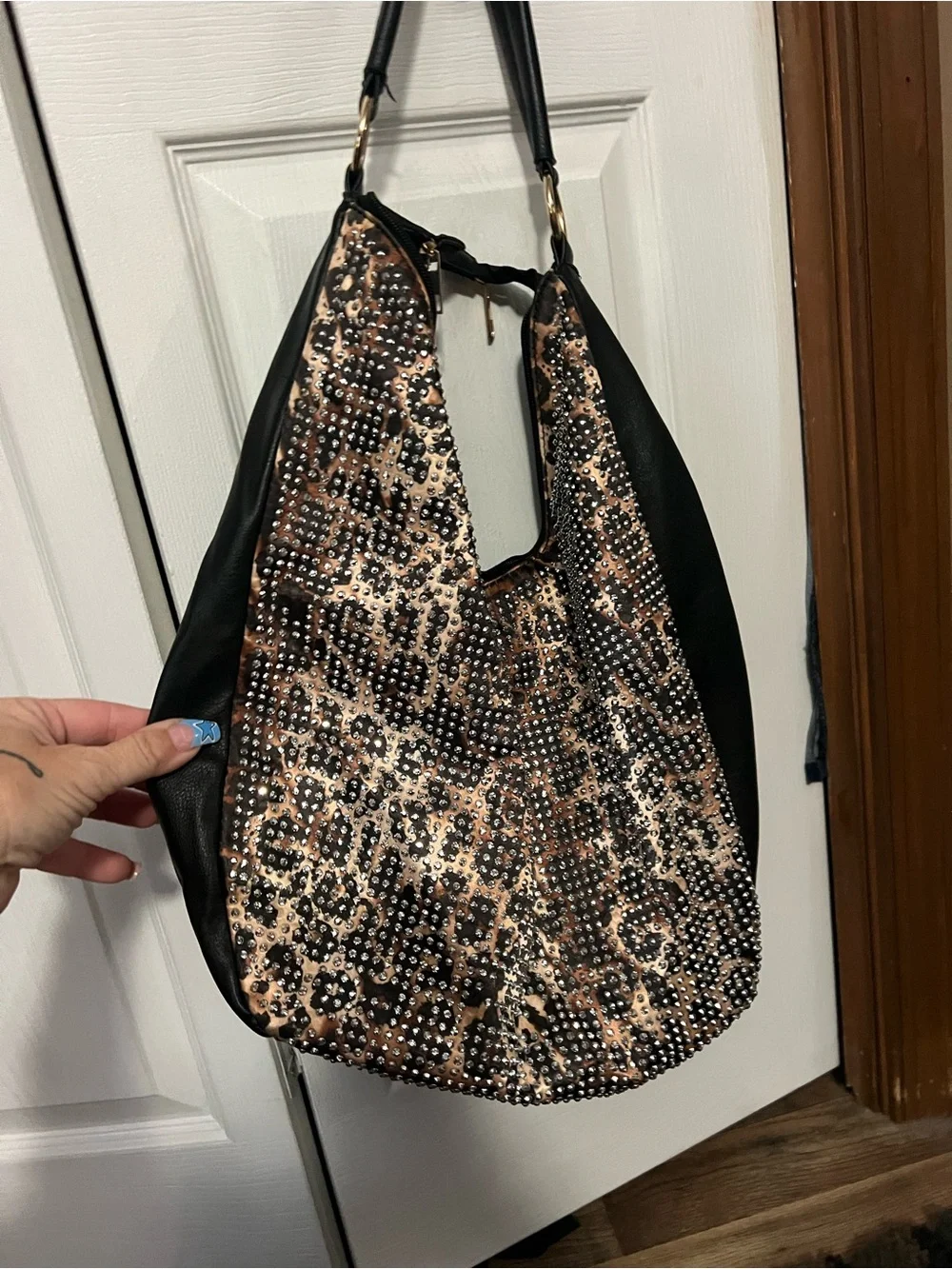 Leopard-Print Studded Hobo Bag in Black and Brown